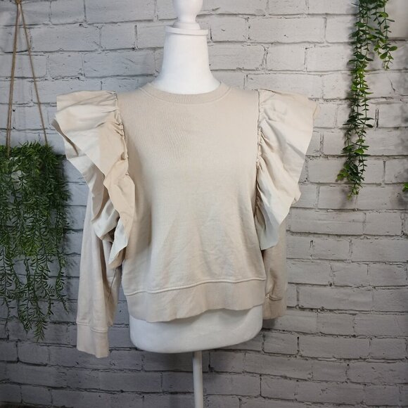 ZARA WOMENS FRILLED RUFFLE SWEATSHIRT, SIZE SMALL, CREAM COLOR, CROPPED - Picture 5 of 9